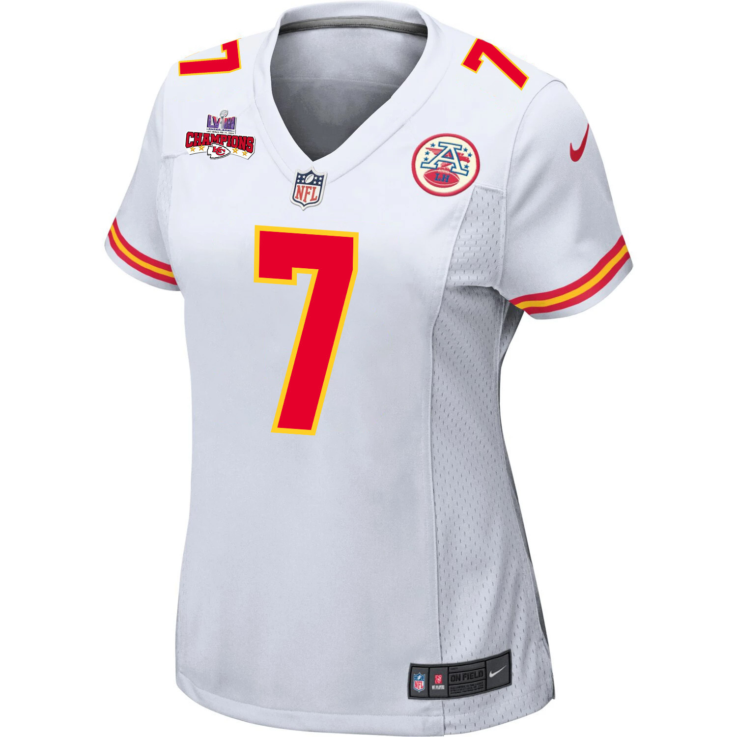 Alternative view of Harrison Butker 7 Kansas City Chiefs Super Bowl LVIII Champions 4 Stars Patch Game Women Jersey - White JS4521 nicesnker
