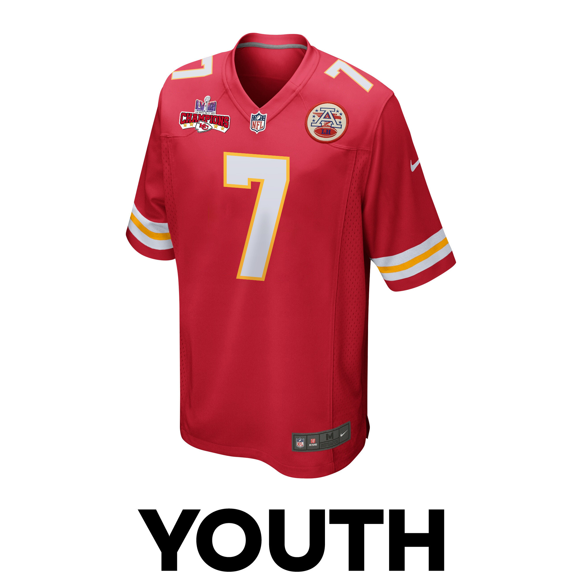 Alternative view of Harrison Butker 7 Kansas City Chiefs Super Bowl LVIII Champions 4 Stars Patch Game YOUTH Jersey - Red JS7703 nicesnker
