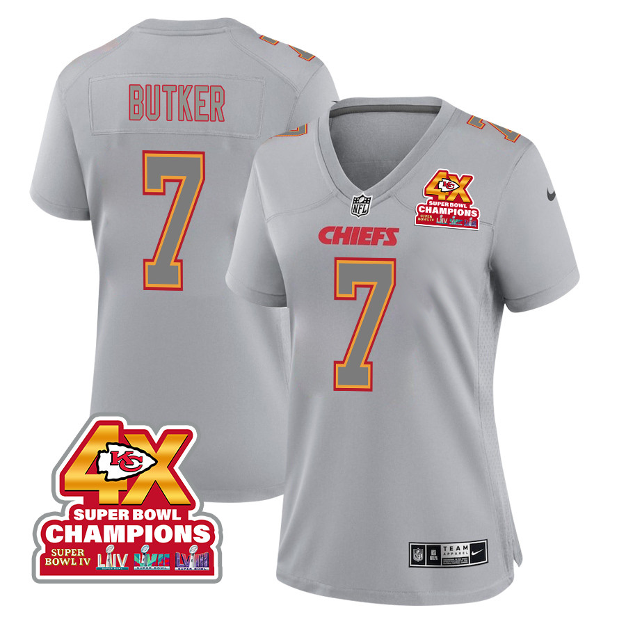 Harrison Butker 7 Kansas City Chiefs Super Bowl LVIII Champions 4X Atmosphere Fashion Game Women Jersey - Gray JS8795 nicesnker