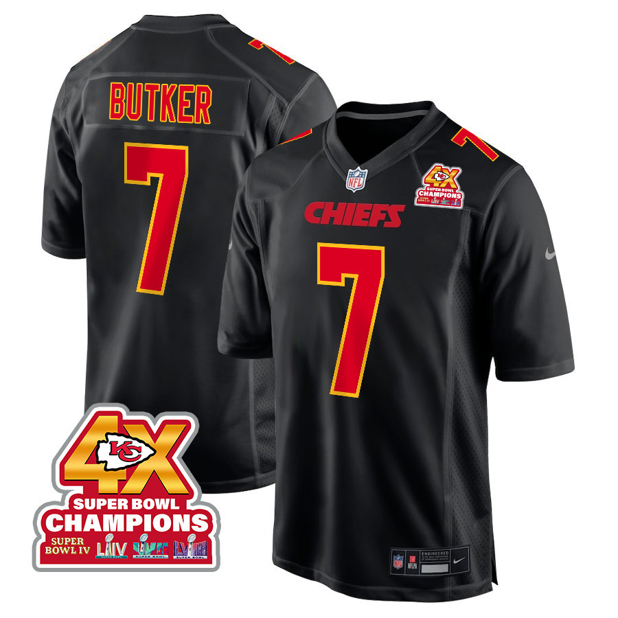 Harrison Butker 7 Kansas City Chiefs Super Bowl LVIII Champions 4X Fashion Game Men Jersey - Carbon Black JS9380 nicesnker