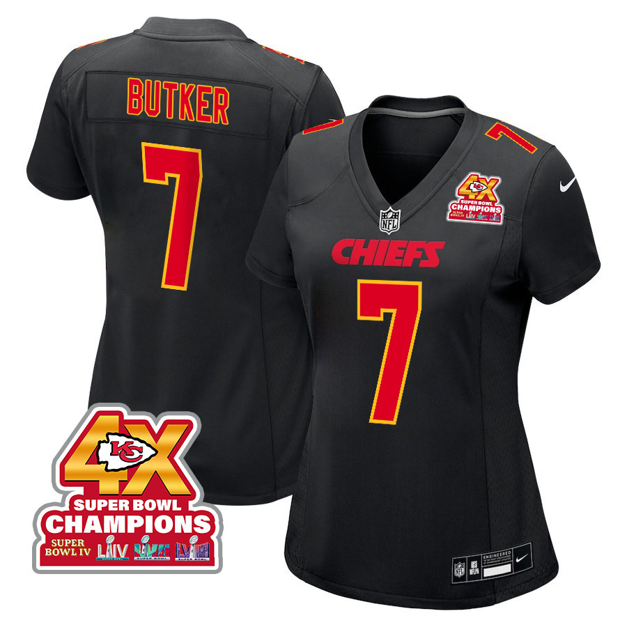 Harrison Butker 7 Kansas City Chiefs Super Bowl LVIII Champions 4X Fashion Game Women Jersey - Carbon Black JS7978 nicesnker