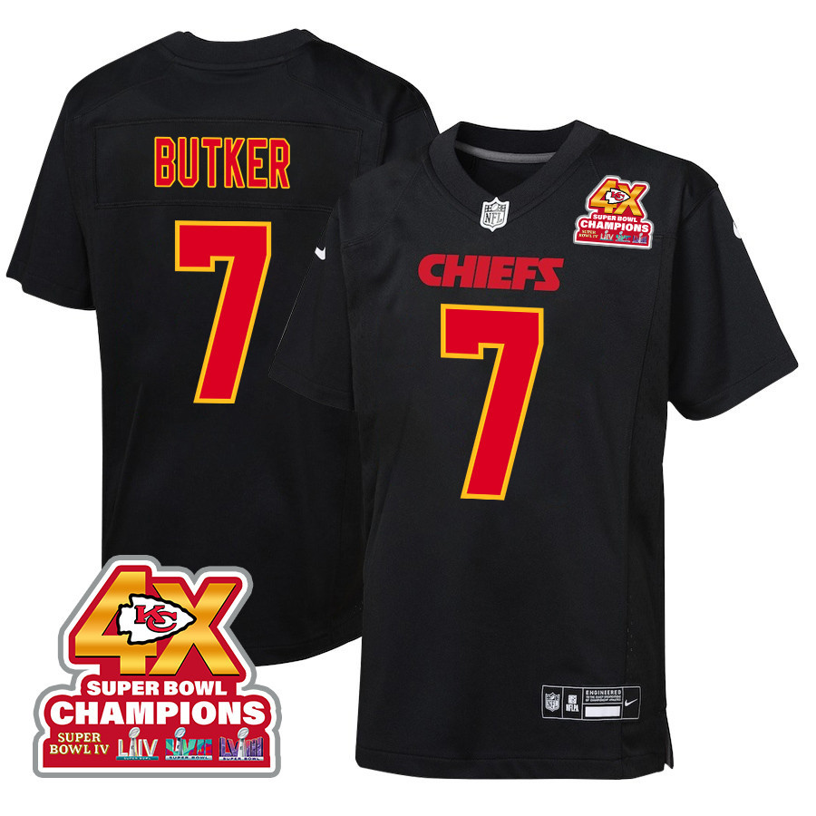 Harrison Butker 7 Kansas City Chiefs Super Bowl LVIII Champions 4X Fashion Game YOUTH Jersey - Carbon Black JS4991 nicesnker