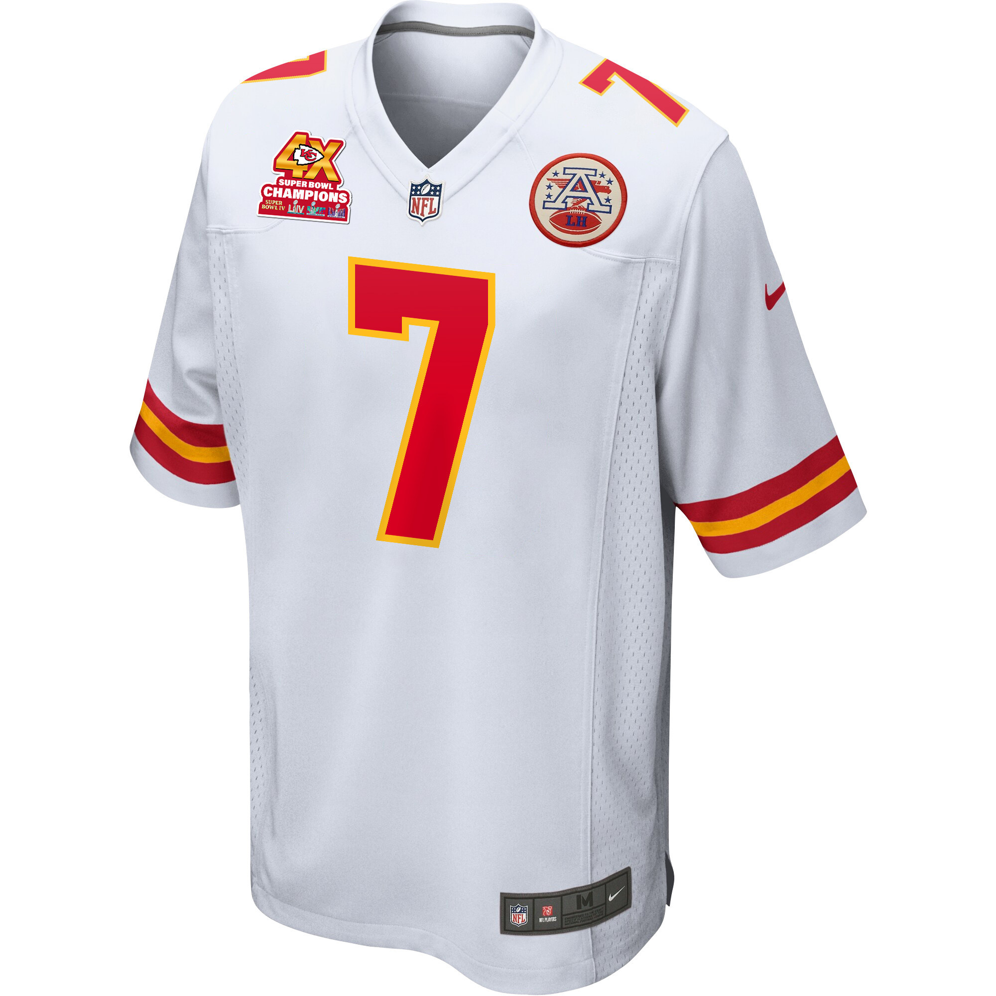 Alternative view of Harrison Butker 7 Kansas City Chiefs Super Bowl LVIII Champions 4X Game Men Jersey - White JS2195 nicesnker