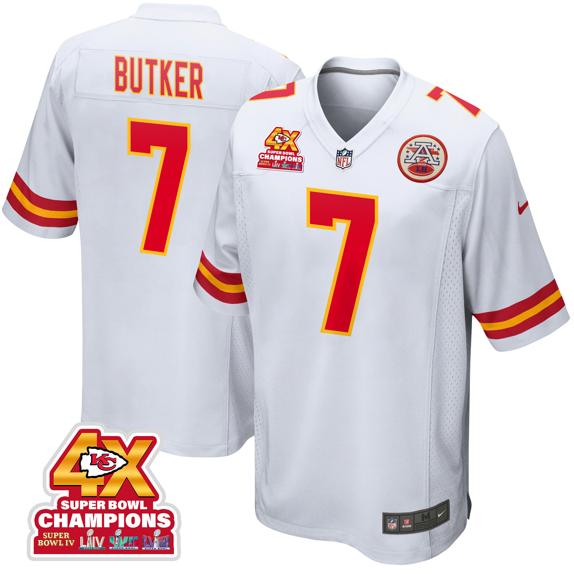 Harrison Butker 7 Kansas City Chiefs Super Bowl LVIII Champions 4X Game Men Jersey - White JS2195 nicesnker