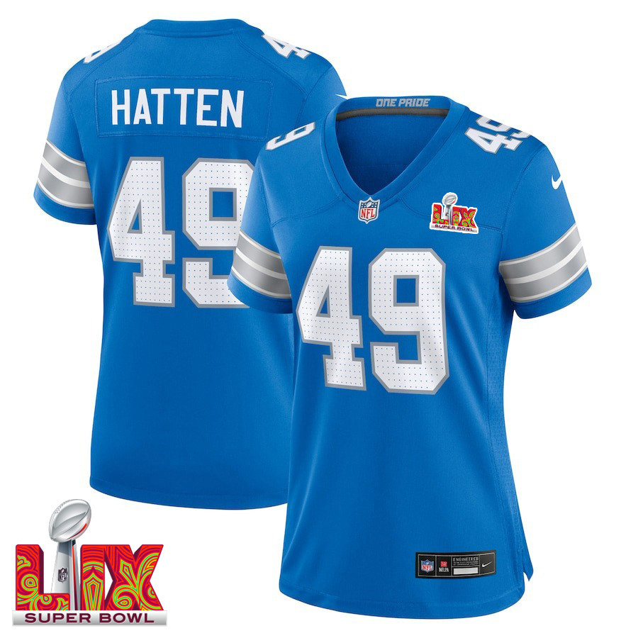 Hogan Hatten #49 Detroit Lions Super Bowl LIX Women's Jersey - Blue JS6960 nicesnker