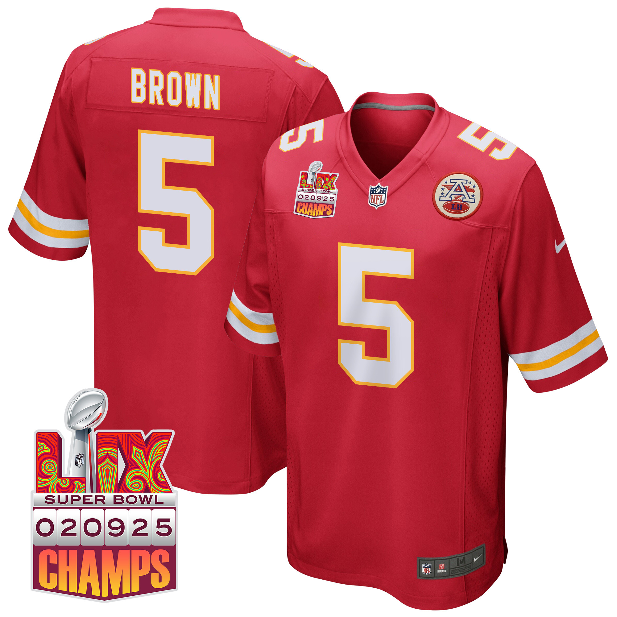 Hollywood Brown 5 Kansas City Chiefs Super Bowl LIX Champions Patch Game Men Jersey - Red JS1490 nicesnker