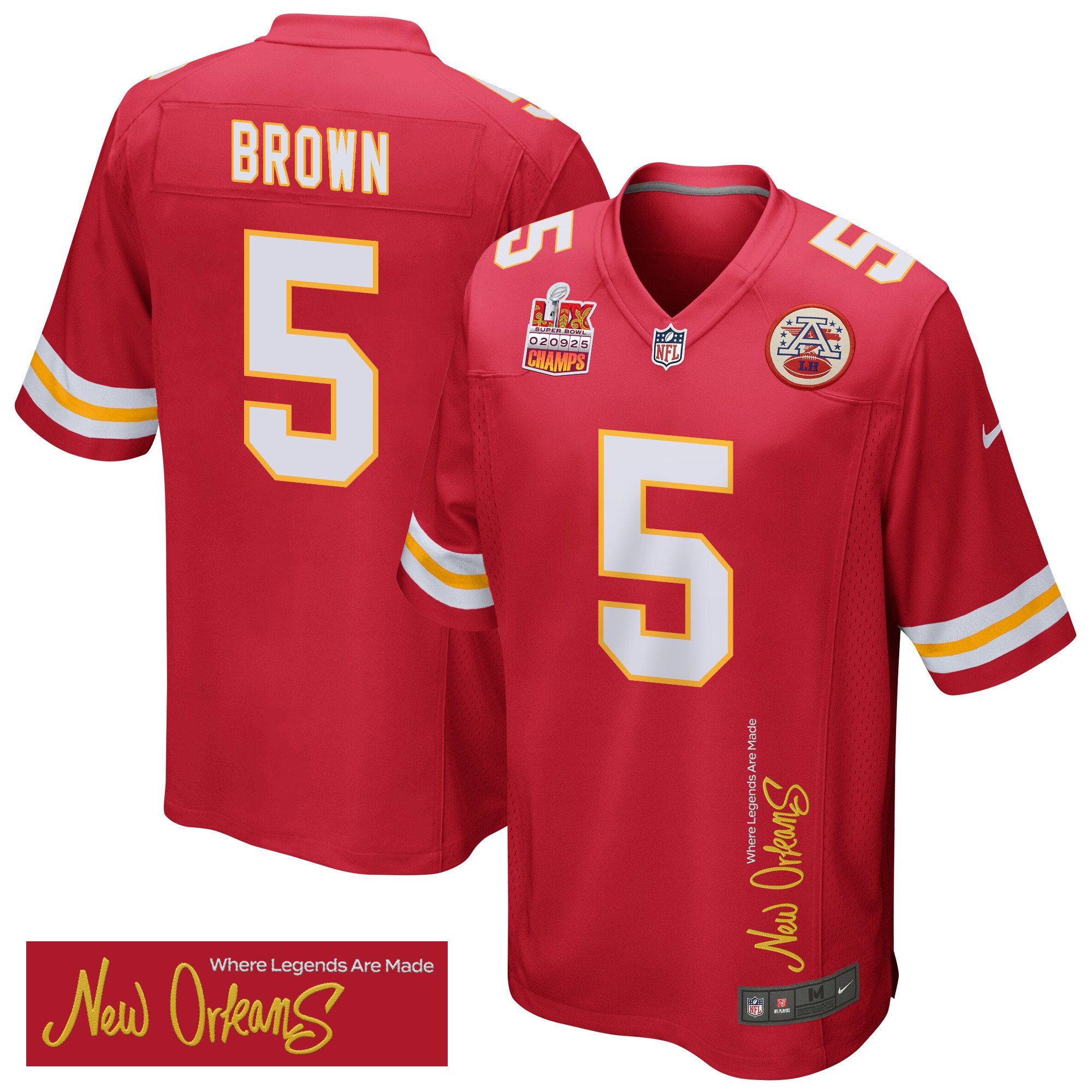 Hollywood Brown 5 Kansas City Chiefs Super Bowl LIX Champions Patch 'New Orleans - Where Legends Are Made' EMBROIDERED Game Men Jersey - Red JS6161 nicesnker