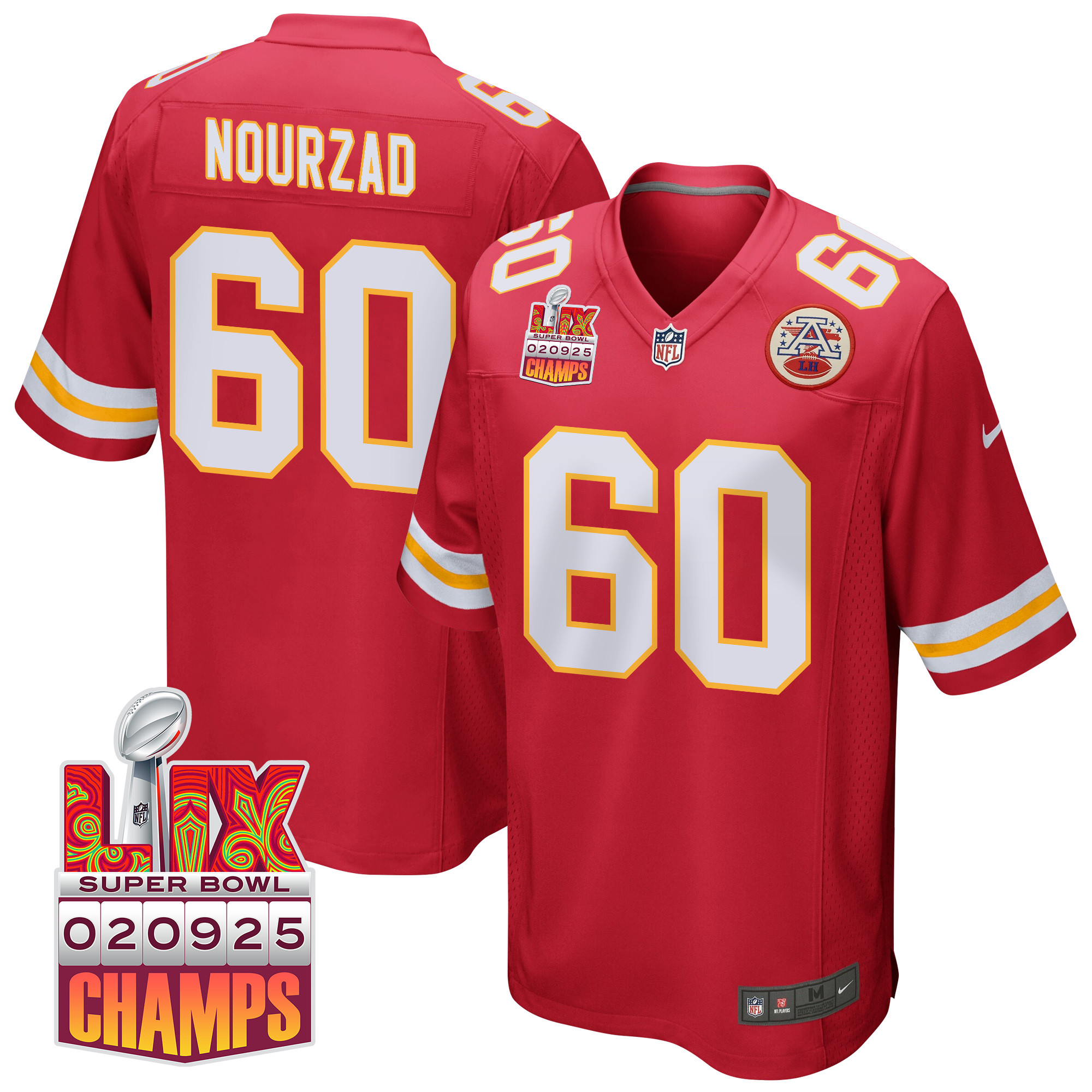 Hunter Nourzad 60 Kansas City Chiefs Super Bowl LIX Champions Patch Game Men Jersey - Red JS6618 nicesnker