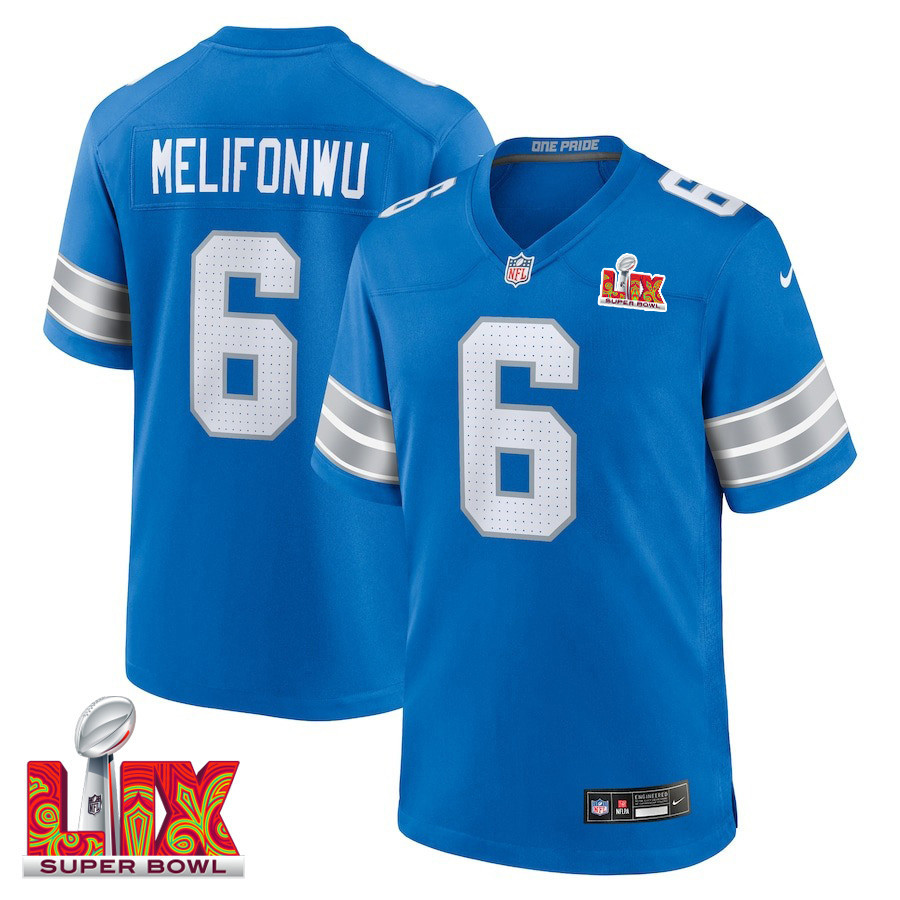 Ifeatu Melifonwu #6 Detroit Lions Super Bowl LIX Jersey - Men's - Blue JS2256 nicesnker